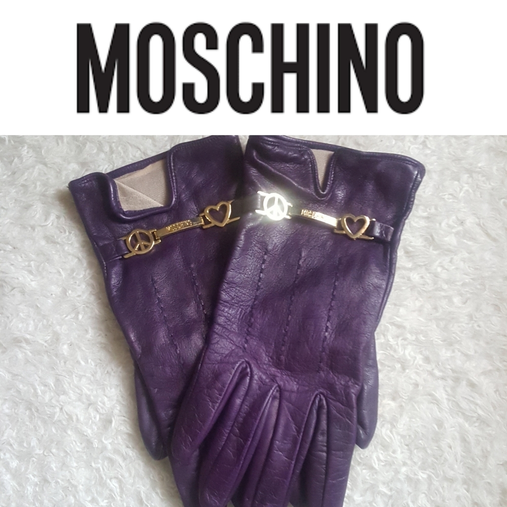 Moschino Leather and Silk Peace Love Charm Gloves
